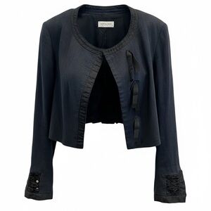 Dries Van Noten navy linen collarless cropped jacket